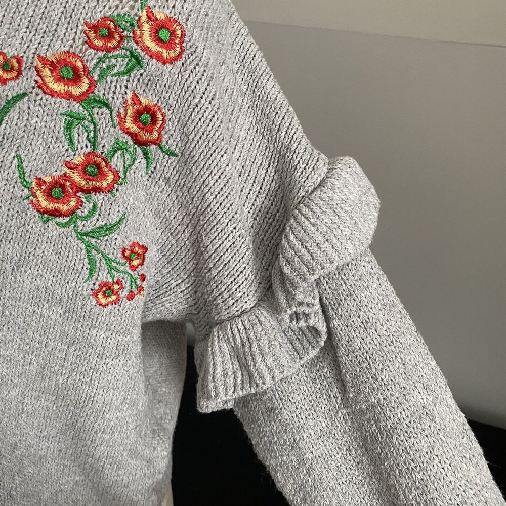 Woven Heart Sweater Small Cottagecore Floral Embroidered Ruffle Sleeve Knit - Picture 4 of 9